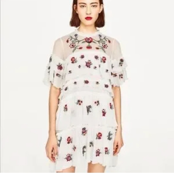 Zara Dresses & Skirts - ZARA White Embroidered Floral Tiered Dress